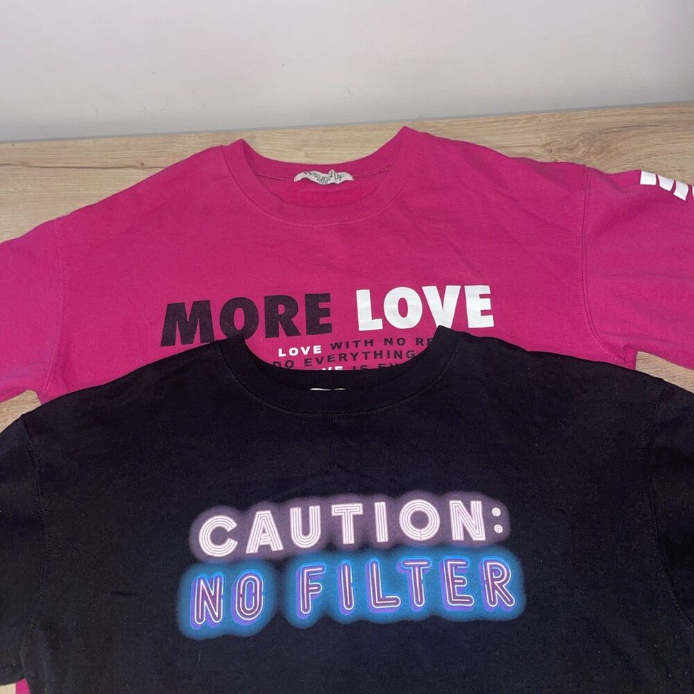 Wound Up Sweatshirt Lot 2 Juniors L Black Caution No Filter Pink More Love